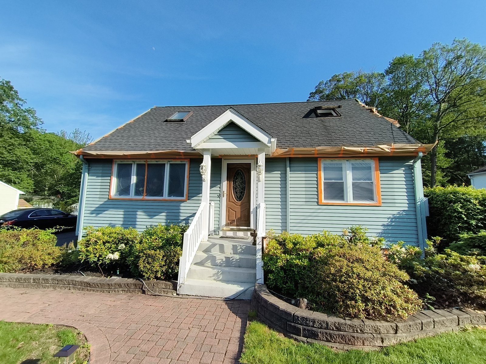 Exterior House Siding Light Blue Paint Prep — Frank Leonard Painting LLC