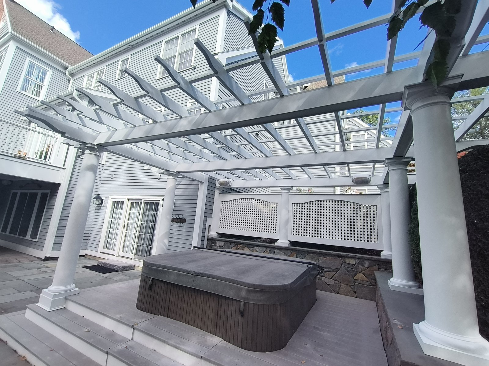 Exterior House Siding White Pergola Deck — Frank Leonard Painting LLC