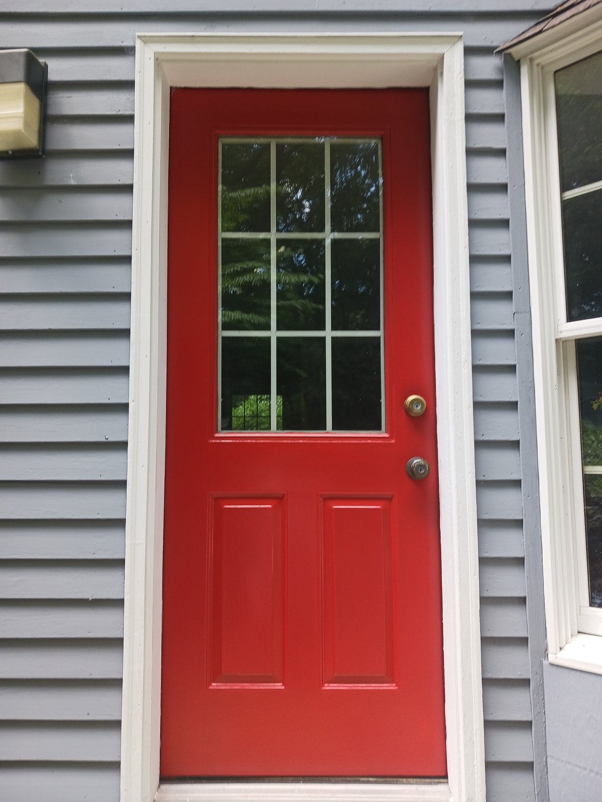Exterior Red Door White Trim Grey Siding — Frank Leonard Painting LLC