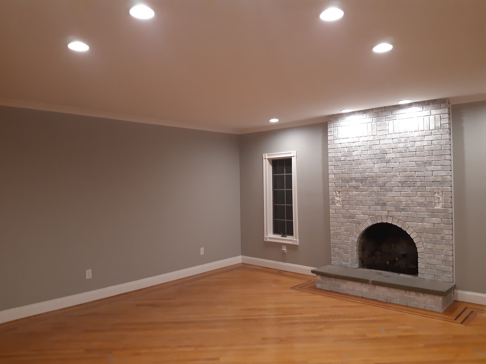 Interior Living Room Gray Walls White Trim Whitewashed Fireplace — Frank Leonard Painting LLC