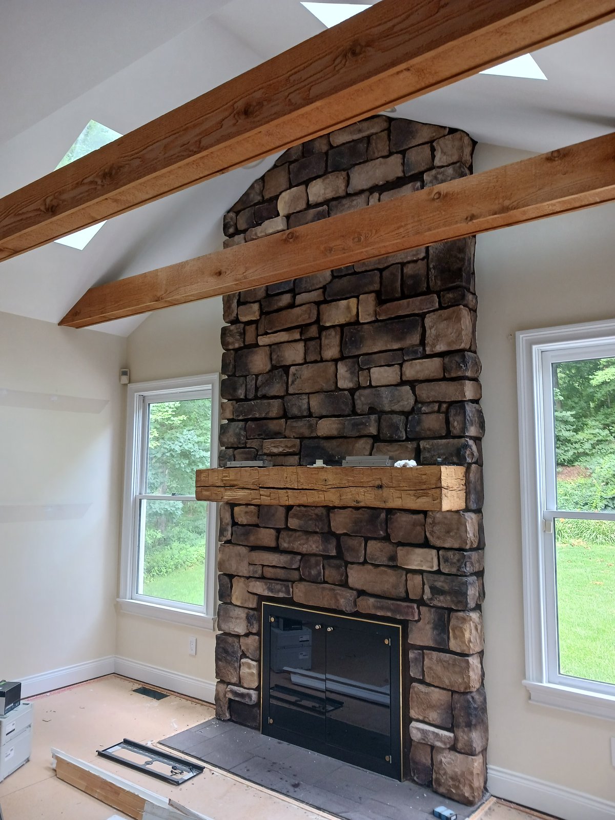 Interior Living Room Stone Fireplace Beams — Frank Leonard Painting LLC