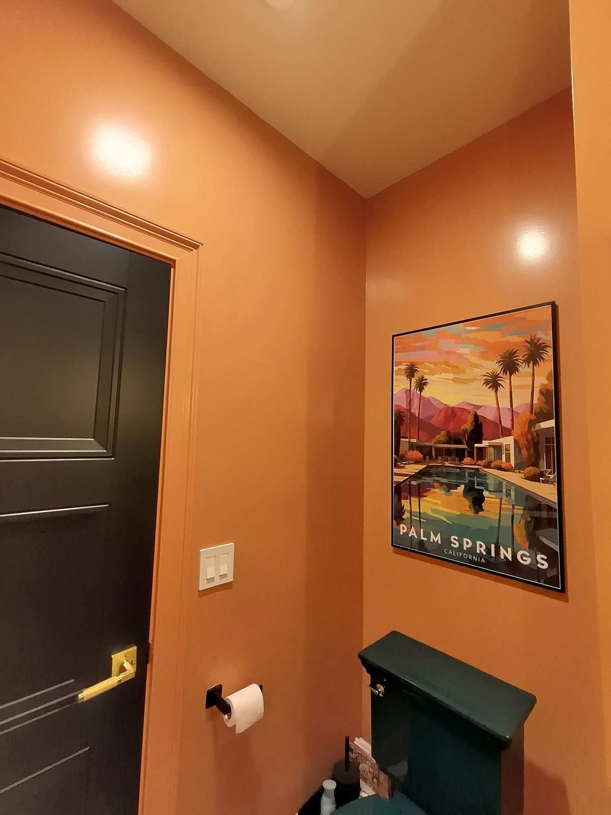 Interior Bathroom Orange Walls Black Door — Frank Leonard Painting LLC