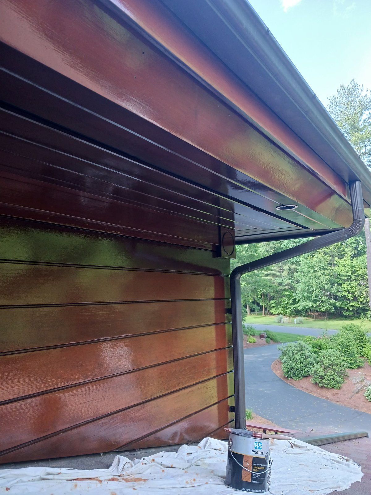 Exterior Wood Siding Overhang Dark Stain — Frank Leonard Painting LLC