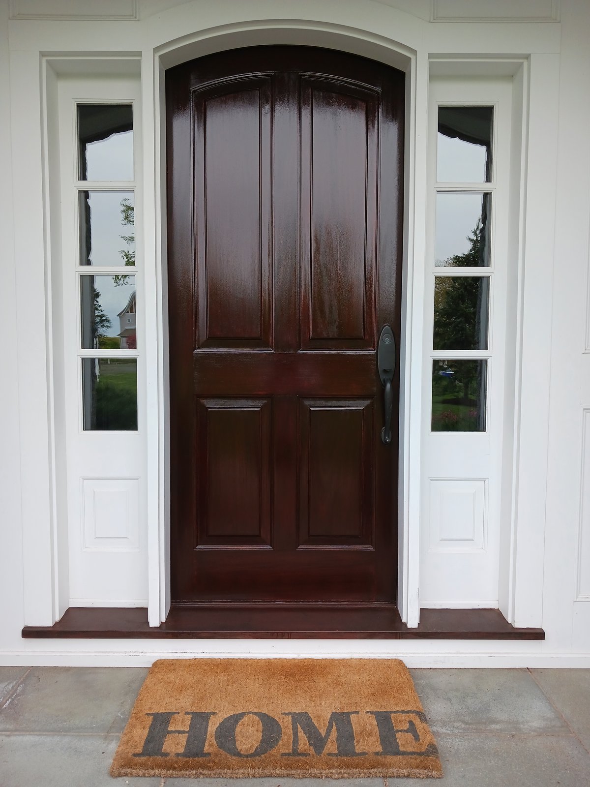 Stain Varnish Front Door Dark Brown White Trim — Frank Leonard Painting LLC