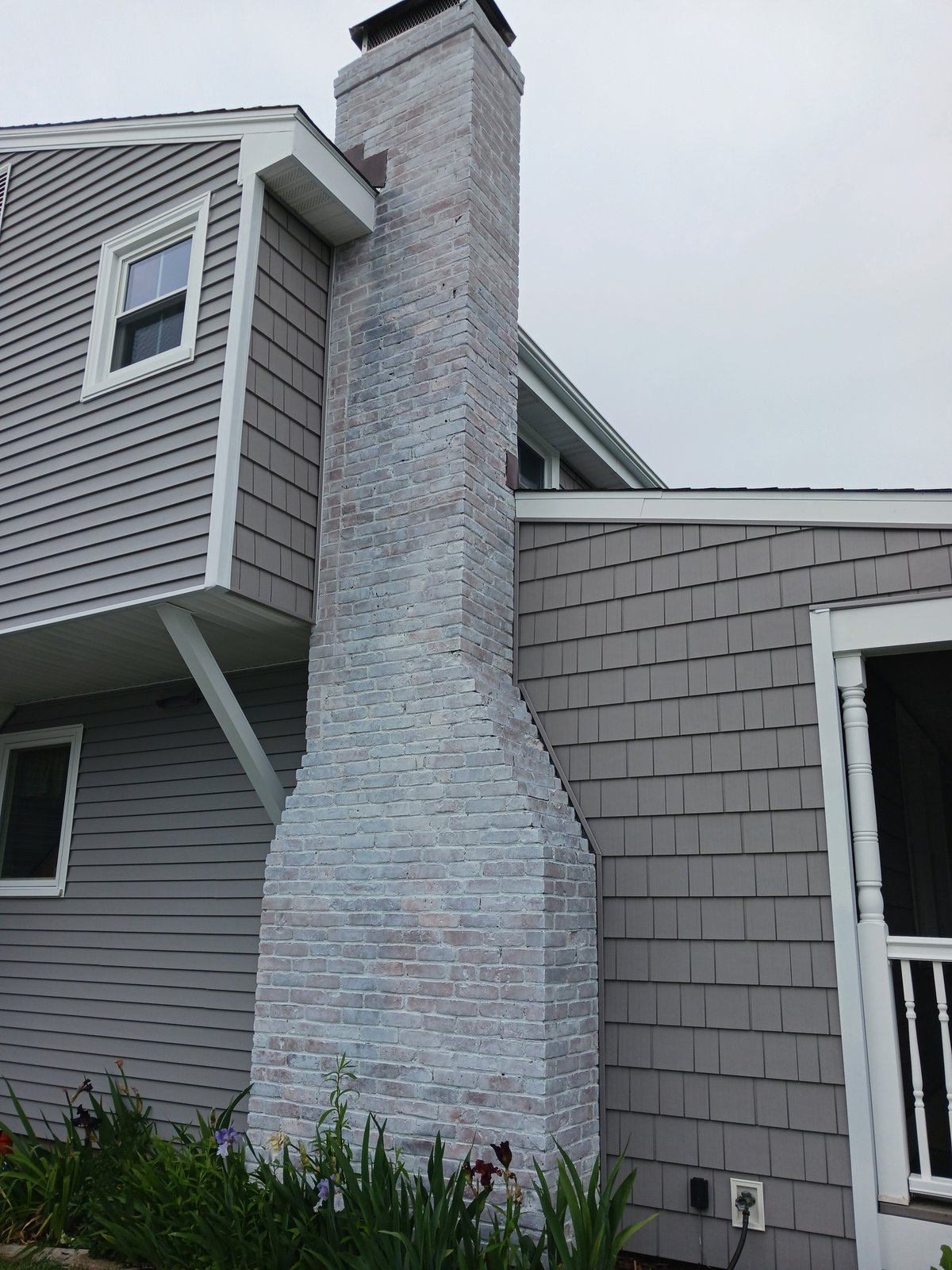 Whitewashed Brick Chimney Gray Siding Exterior — Frank Leonard Painting LLC